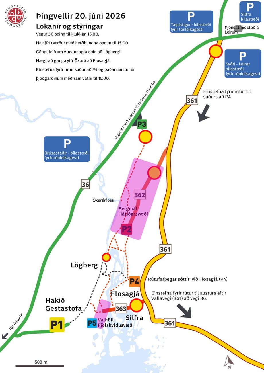 A map that shows the road closure due to the Kaleo Concert at Thingvellir