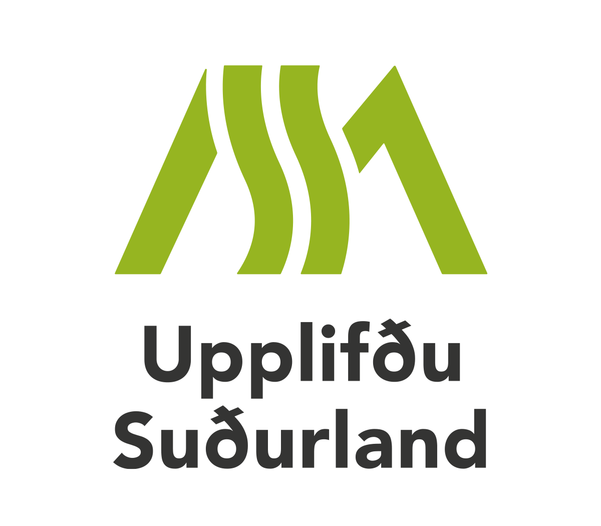 Merki áfangastaðarins á íslensku - Grænt merki með svörtum stöfum þar sem stendur Upplifðu Suðurland